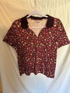 Lands' End Women's Floral Button-Down Polo - Brown with Pink & Cream Flowers